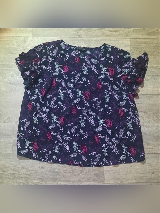 Lane Bryant Tops - Lane Bryant Navy Floral Short-Sleeve Blouse with Pink & Light Blue Accents